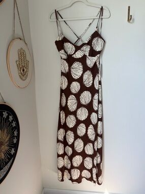 Sienna Sky Brown Shell-Print maxi Dress with Spaghetti Straps open back
